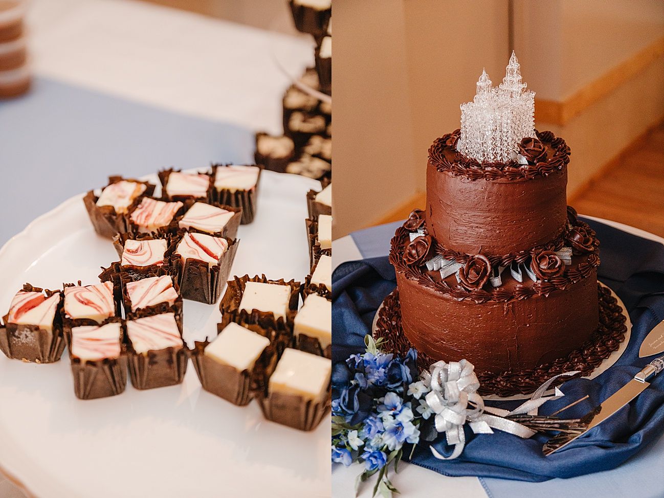 Chocolate wedding cake decorated with rustic wooden accents and blue flowers displayed on a table.