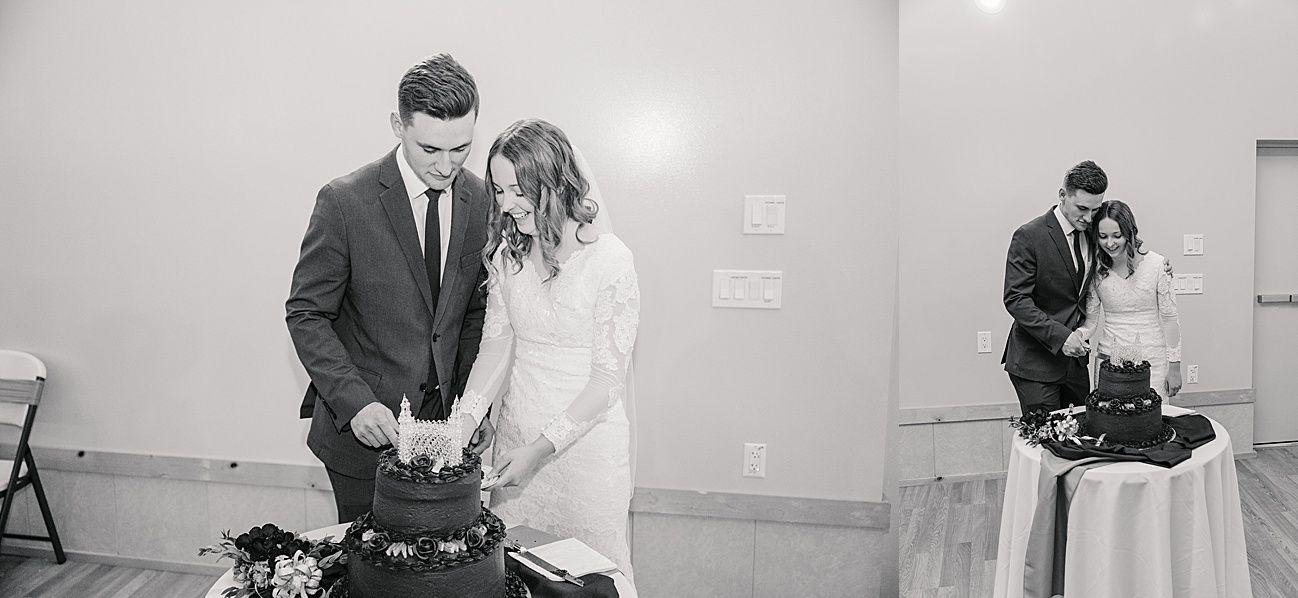 Black and white photo of a couple sharing an intimate moment during their wedding reception.