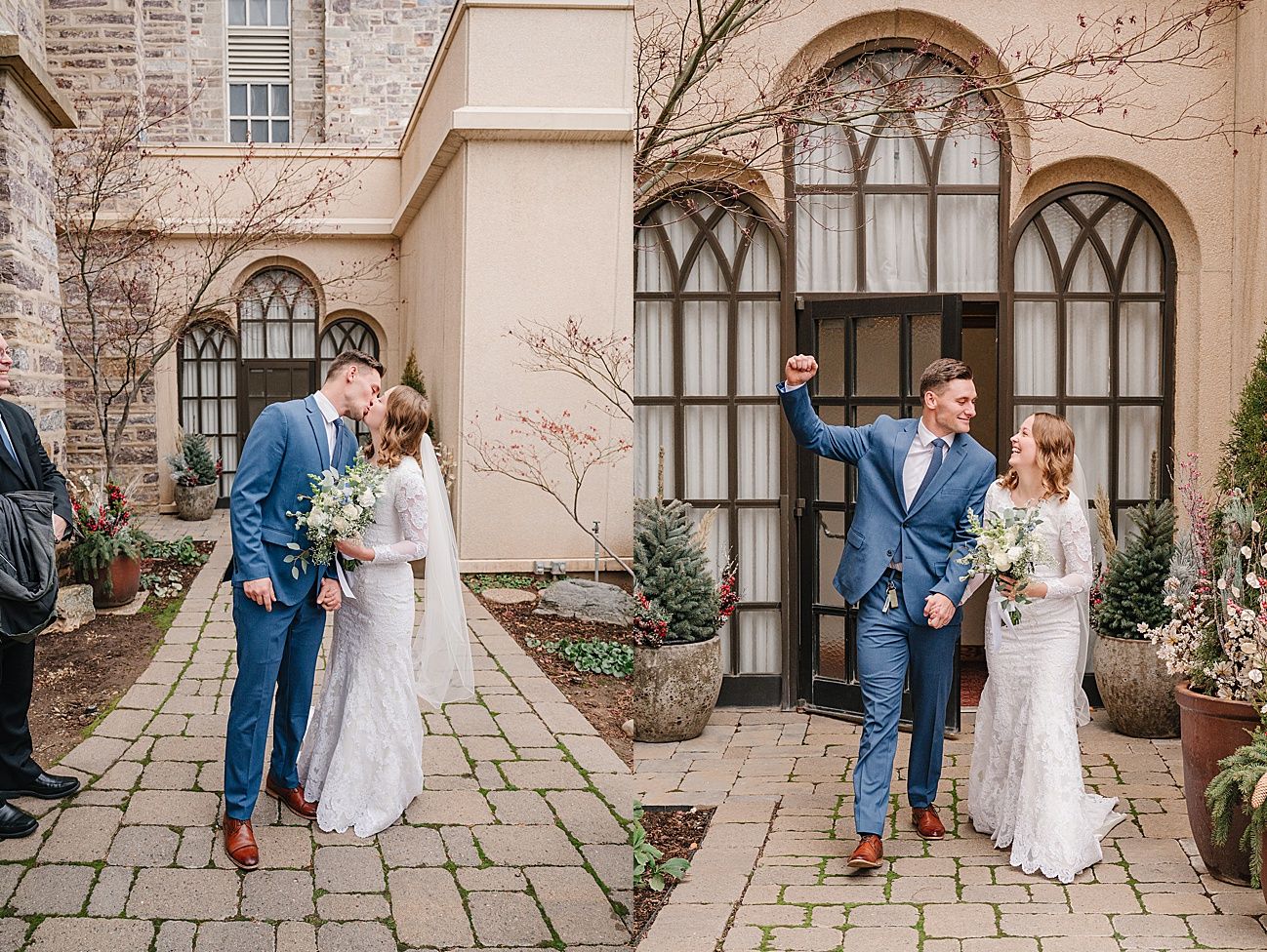 Elegant wedding couple poses in front of Gothic-style windows at a historic stone building.