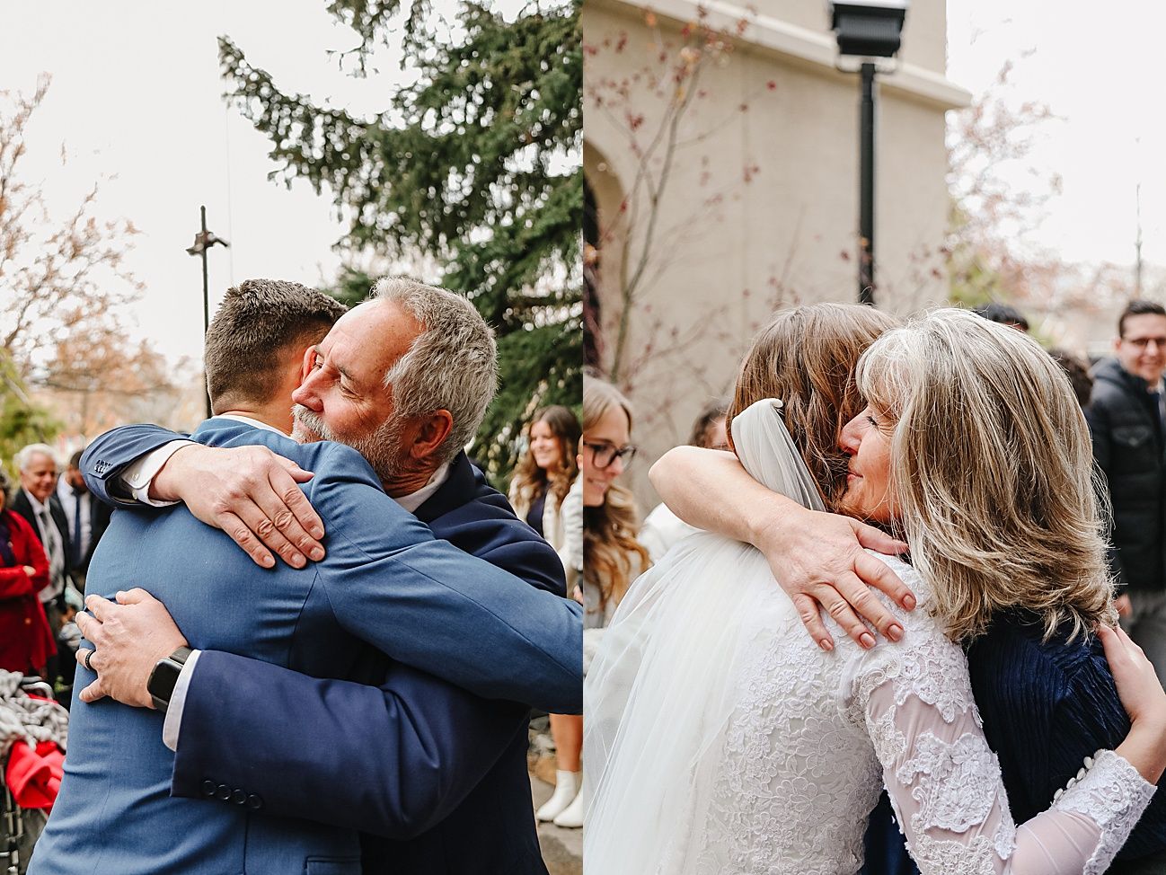 Emotional wedding day embraces shared between family members outside a church building.