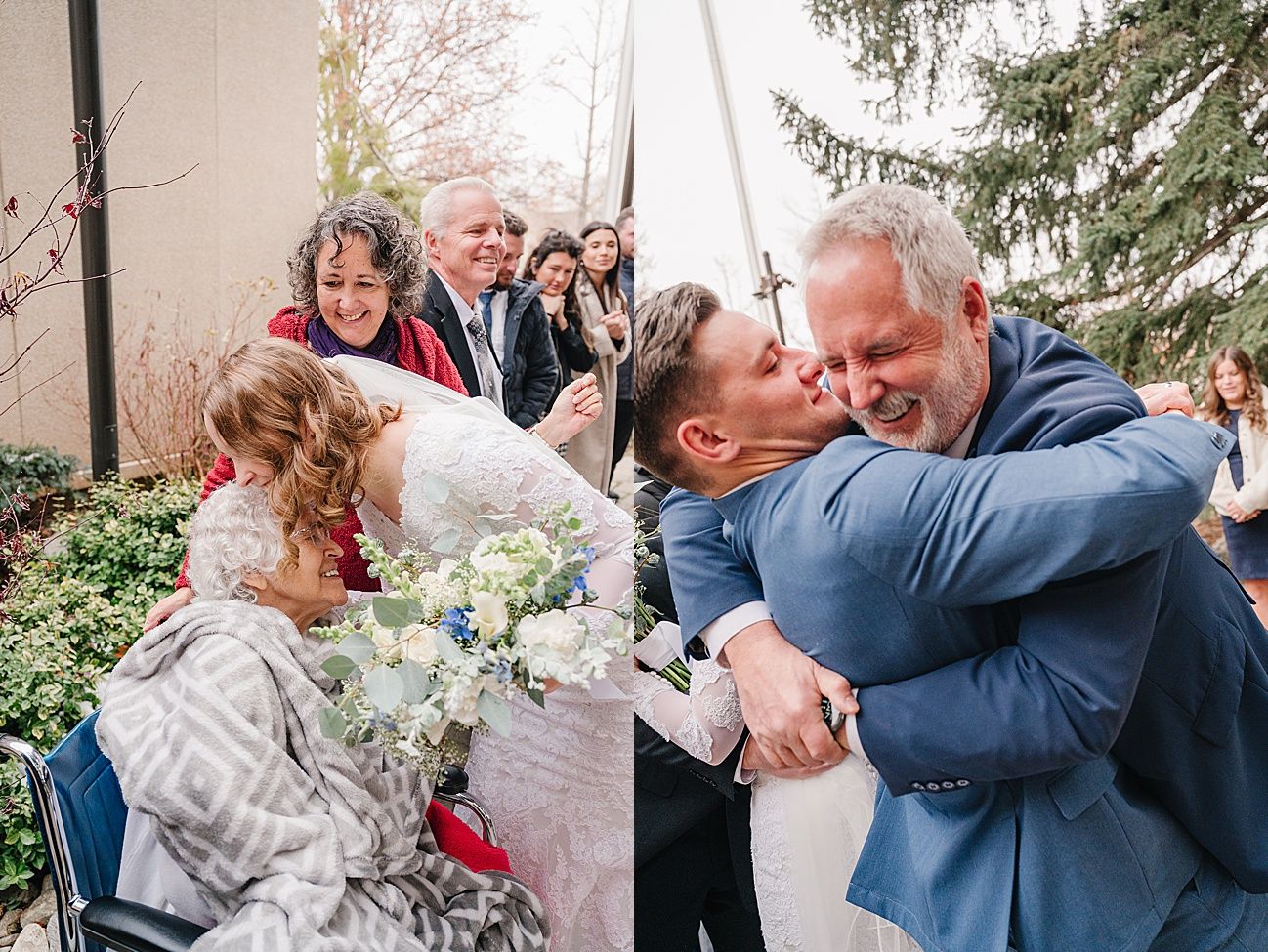 Joyful wedding celebration with warm embraces and laughter shared among loved ones in an outdoor garden setting.