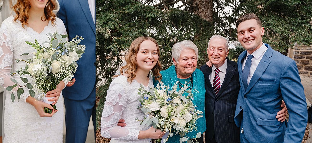 Wedding party members pose together in front of stone building with white floral bouquets.