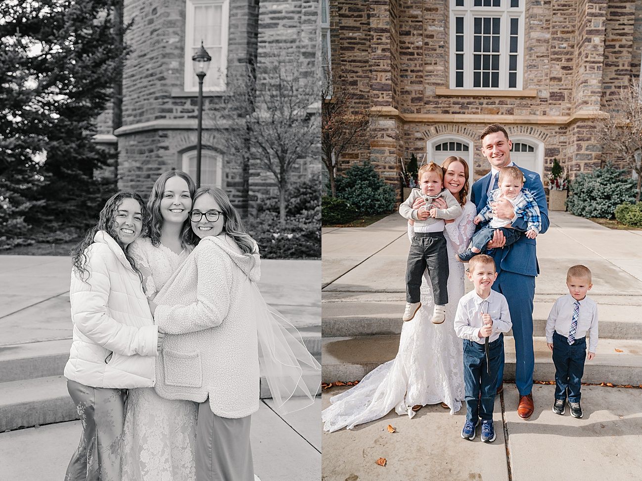 Black and white wedding photos showing family group portraits in front of stone church exterior.