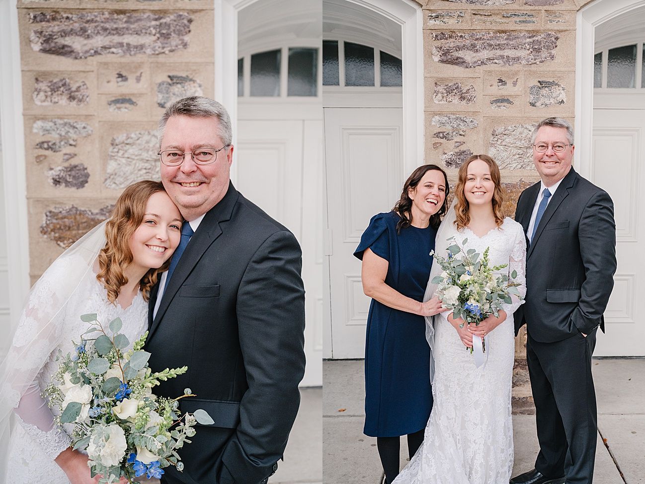 A wedding party poses in front of a stone church wall with white doors and arched windows.