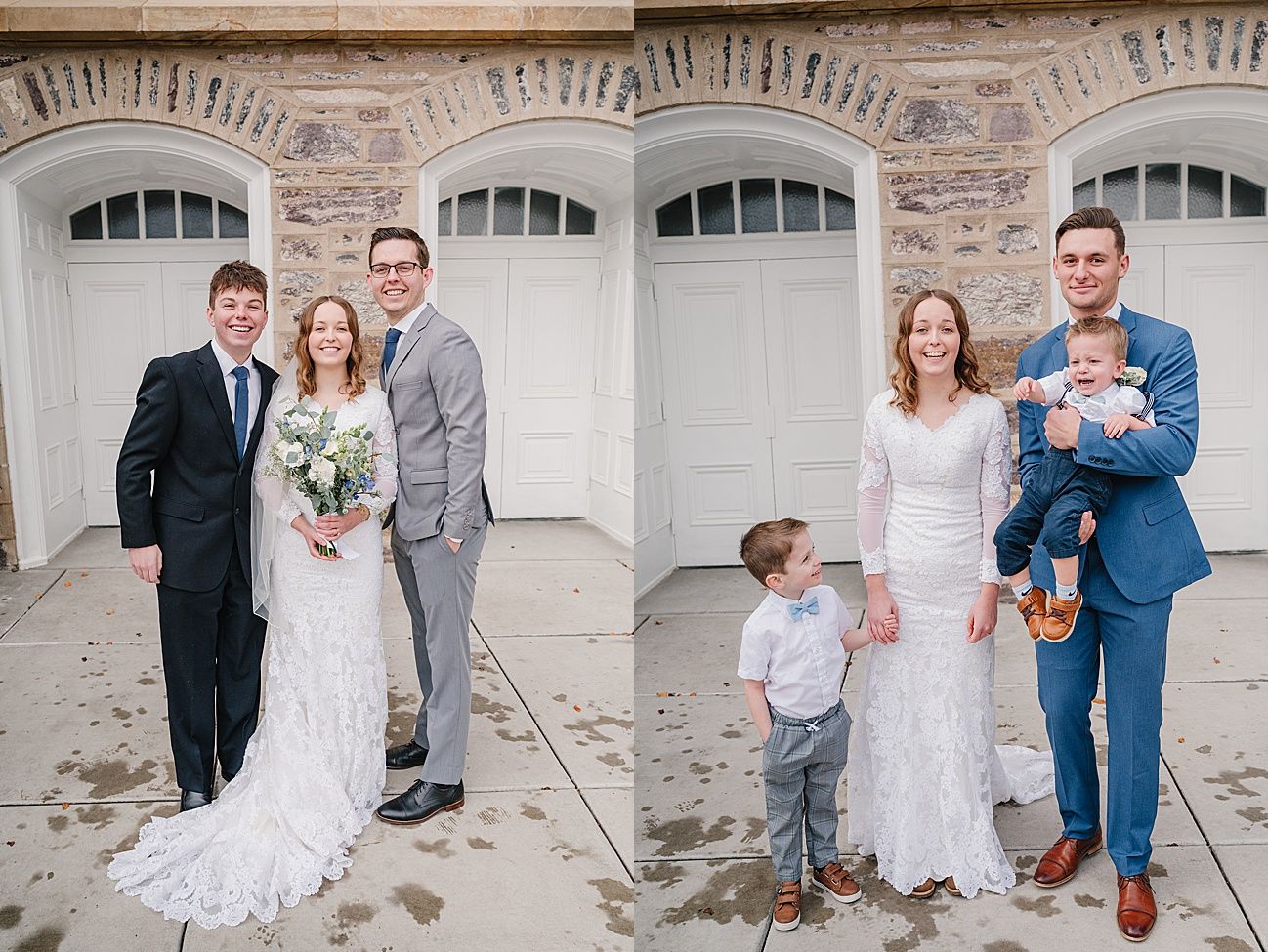 A series of wedding photos showing a couple posing in front of rustic brick and white walls.