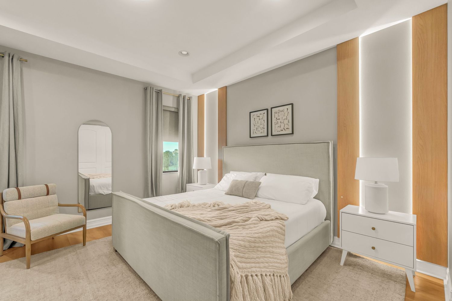 Modern minimalist bedroom interior with white walls, wooden accents, and soft neutral bedding in a bright space.
