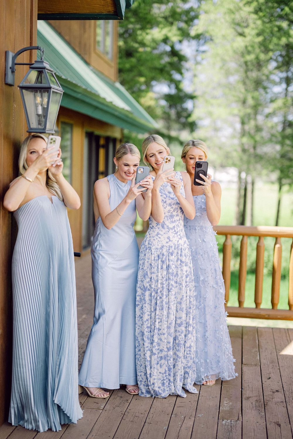 A sequence of three photos showing bridesmaids in light blue and floral dresses posing on a wooden deck.