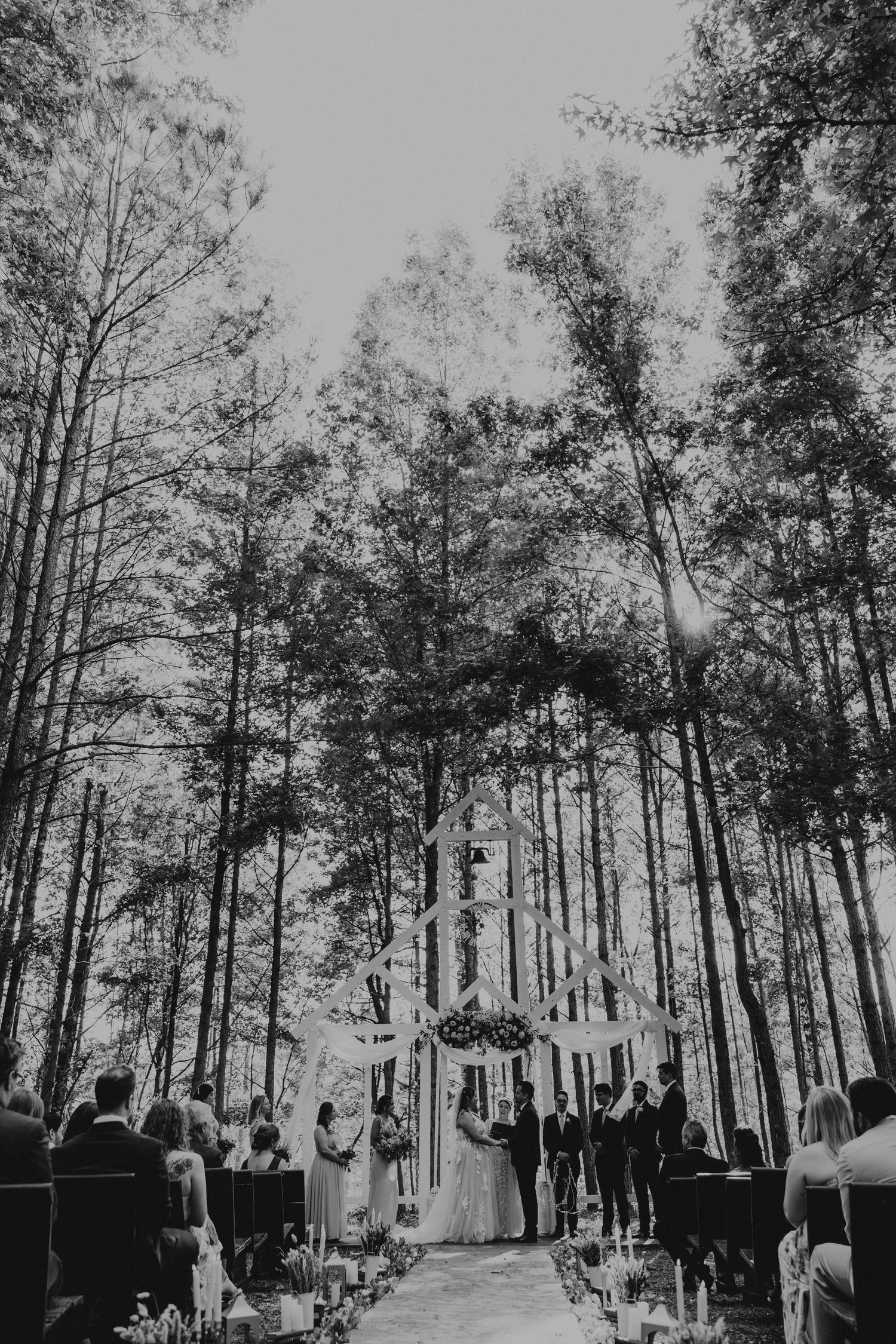 A romantic black and white wedding photo series showing a couple embracing among tall trees in a forest setting.