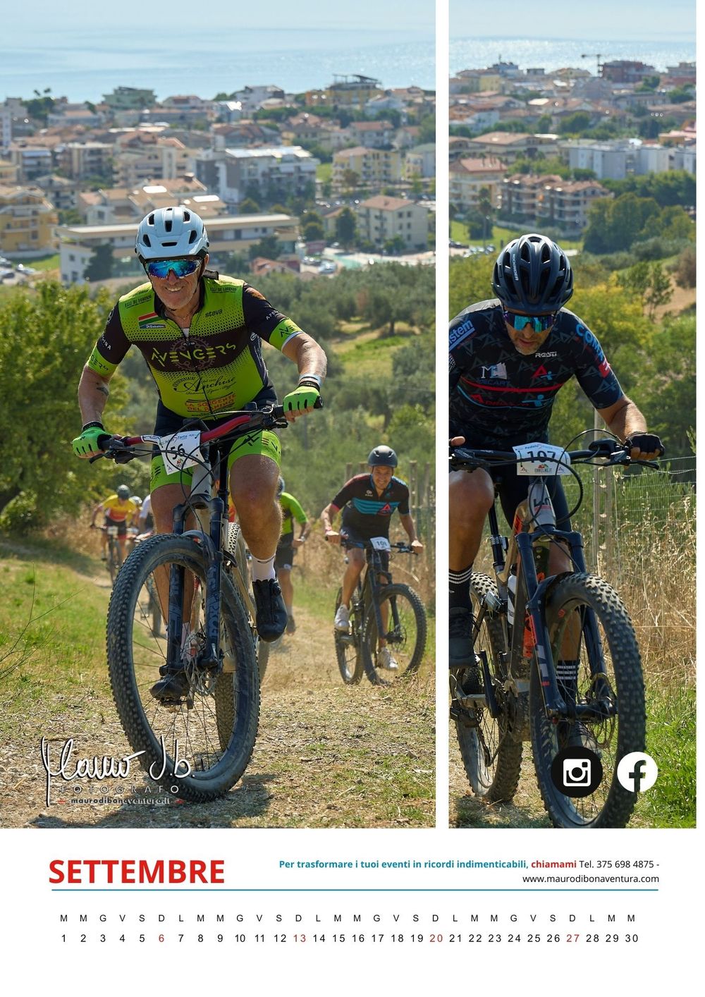 Mountain bikers ride along a scenic trail overlooking coastal buildings during a cycling competition.
