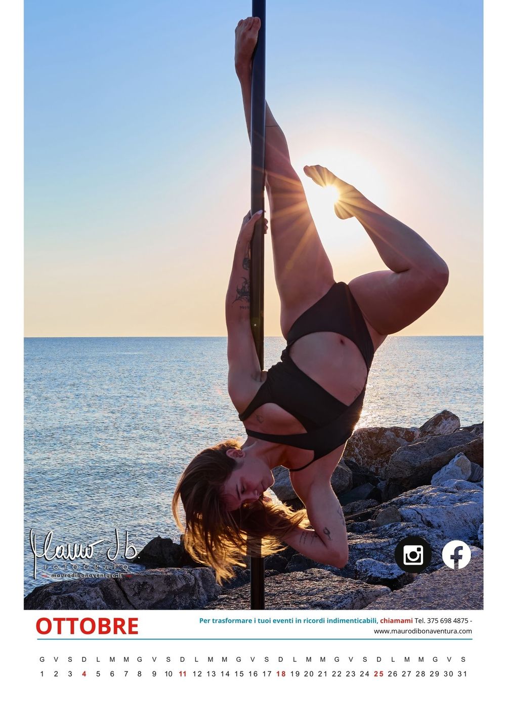 Silhouetted pole dancer performs acrobatic moves against a sunset ocean backdrop.