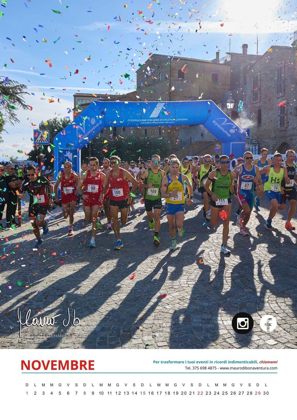 Marathon runners racing through city streets with colorful confetti falling from above.