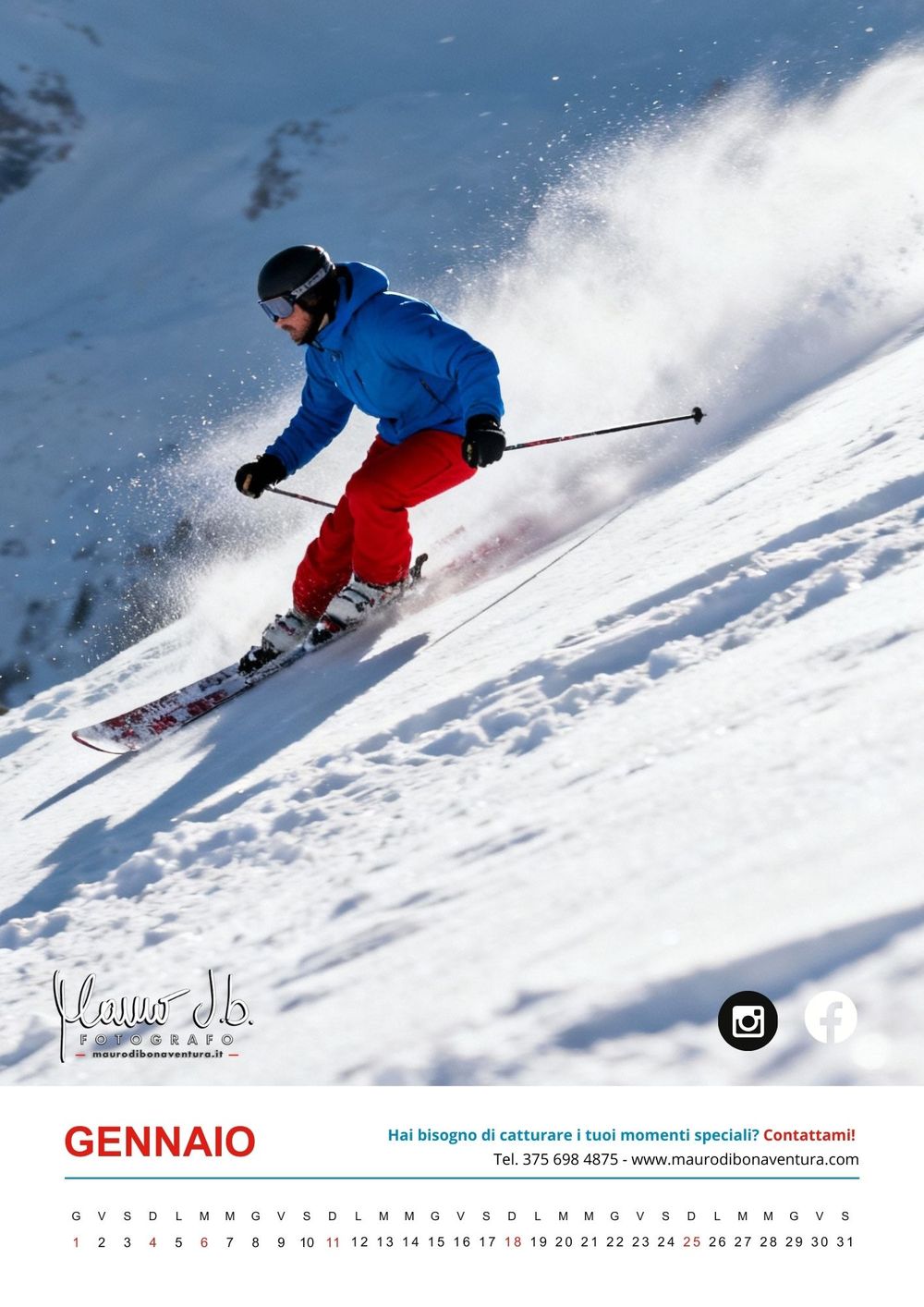A skier carves through fresh powder snow on a steep mountain slope against a bright winter backdrop.