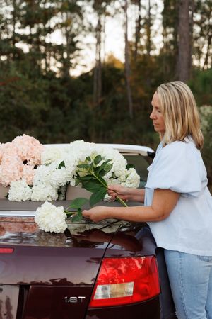 Person in white shirt and jeans loading white and pink hydrangea flowers into the trunk of a car at sunset.