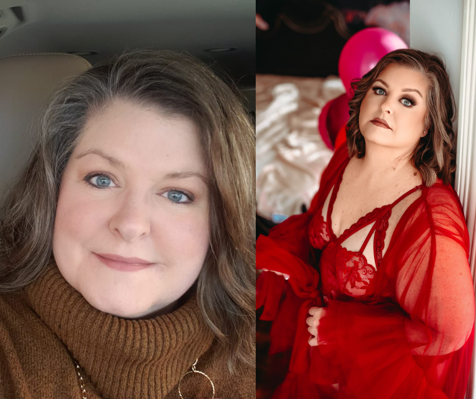 A before and after photo of a middle aged woman during her boudoir session in Cape Girardeau MO studio wearing a red robe.