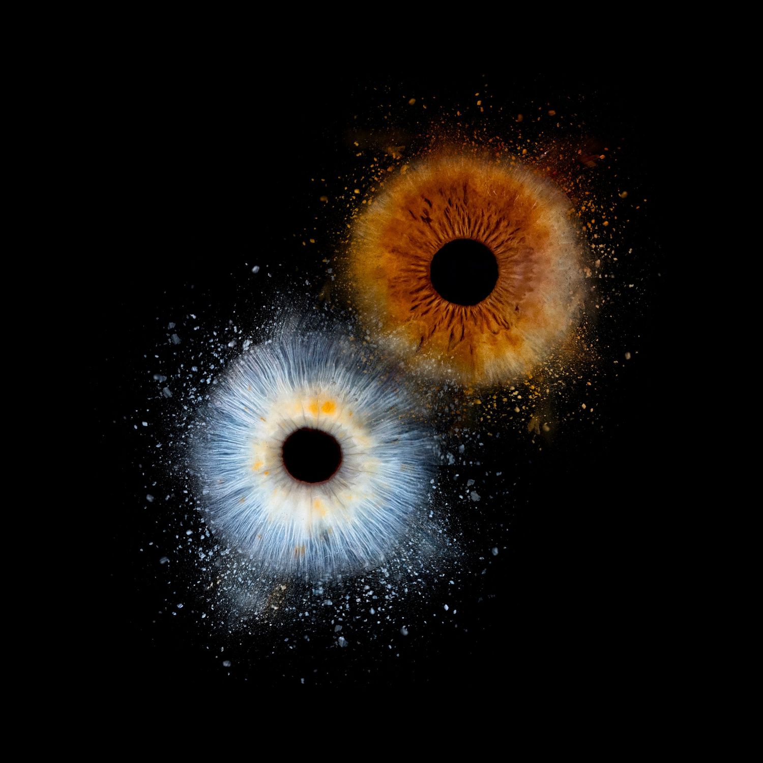 A sequence of orange and black cosmic explosions forming a circular pattern against a dark background.
