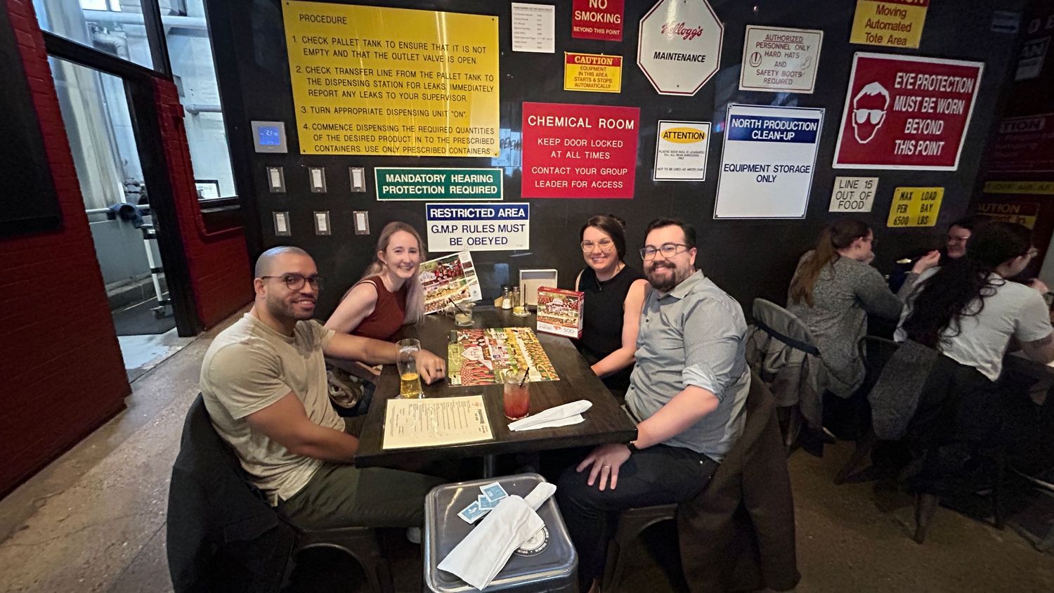 A collage of people gathered at tables in a casual restaurant or bar setting showing multiple social interactions.