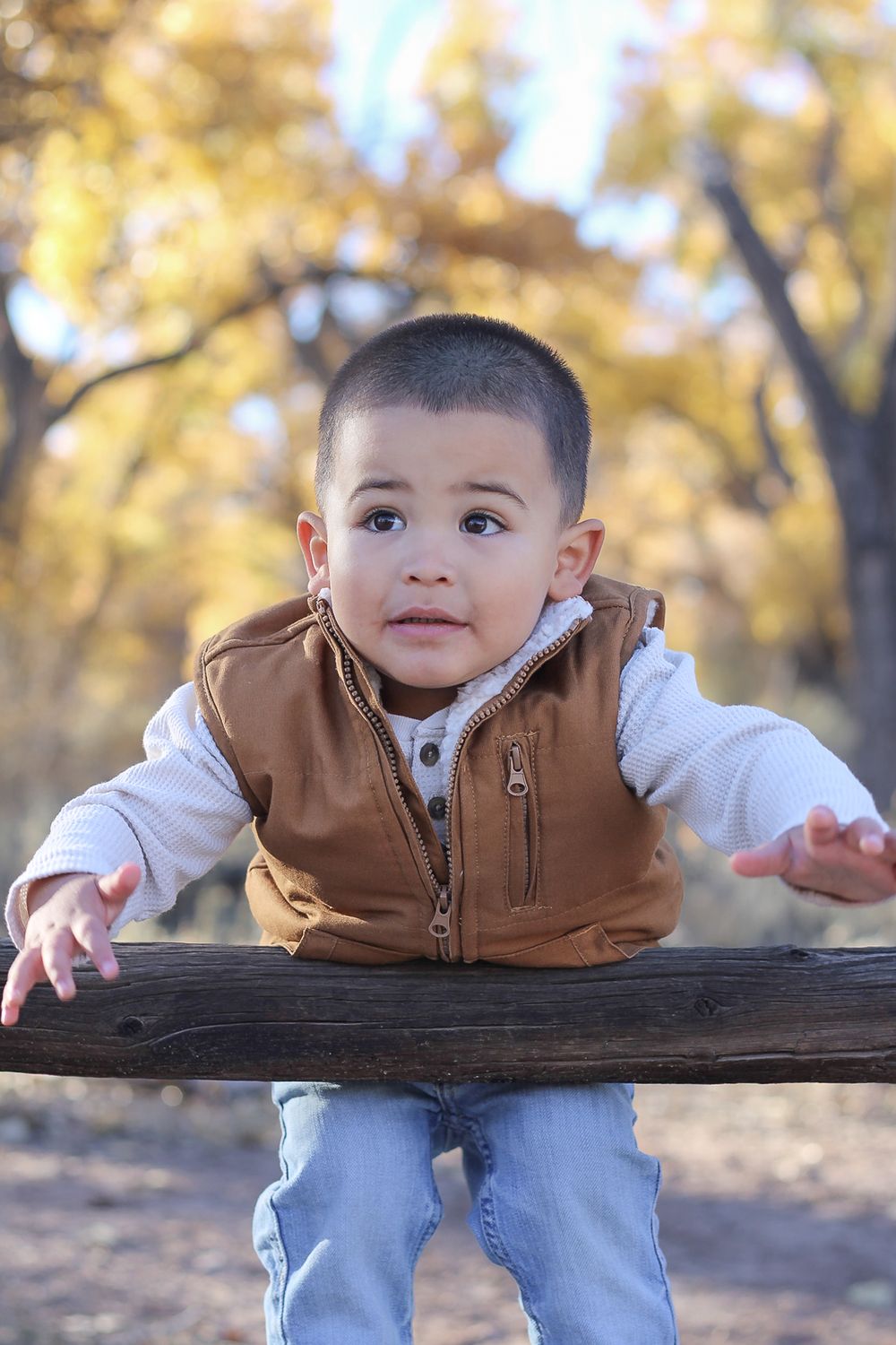 Toddler boy climbing a fence during a relaxed family photography session in Albuquerque