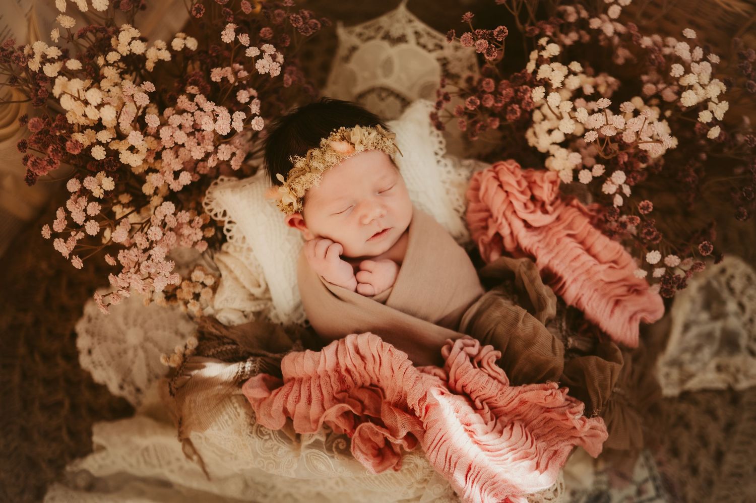 Indiana Motherhood and Newborn Photographer // Dreamy newborn portrait series showing baby in delicate white dress on wooden backdrop.