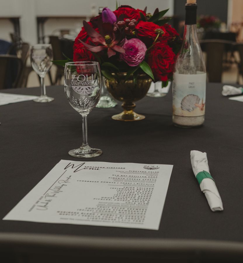 menu for wedding dinner at zoll's vineyard dutton virginia