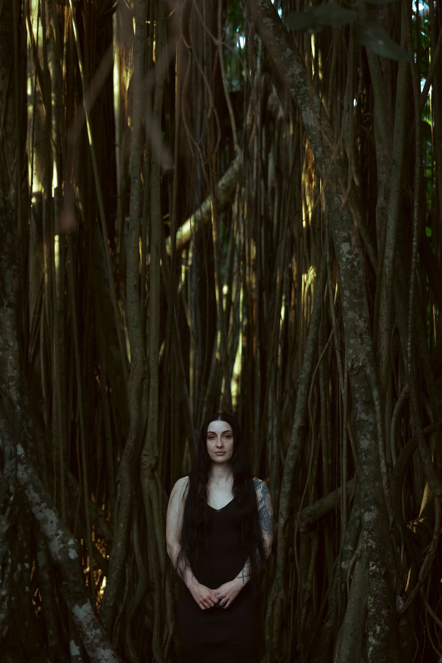 A figure stands mysteriously among tall bamboo trees in a dark forest setting.