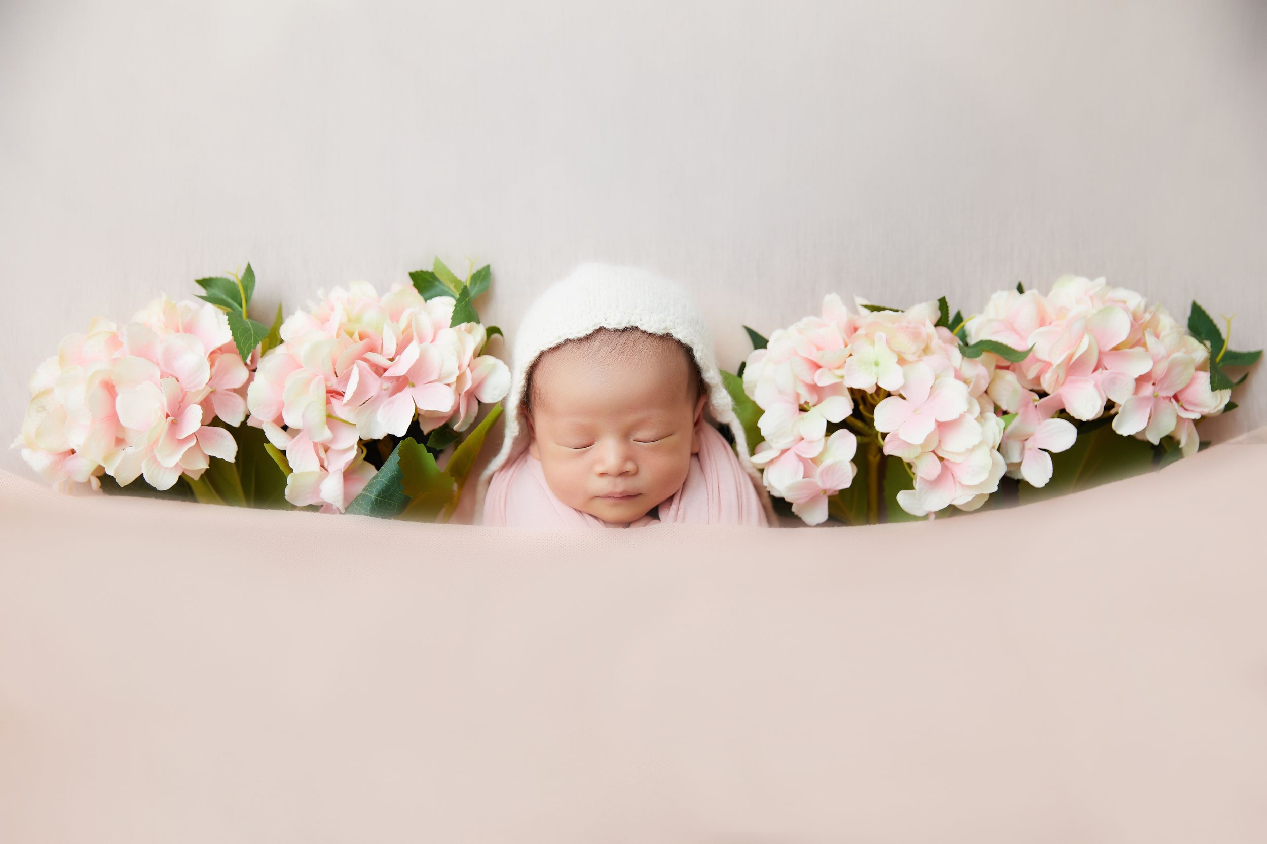 Newborn photography series with delicate pink flowers creating a soft, romantic border.