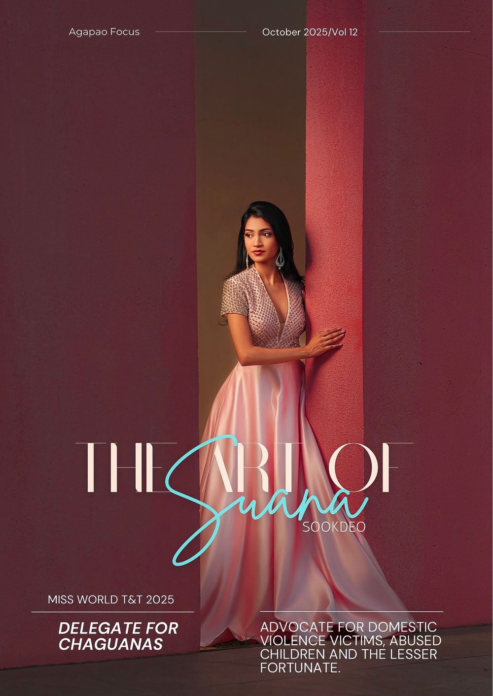 Professional magazine cover layout with burgundy and pink tones featuring elegant fashion photography and text overlays.
