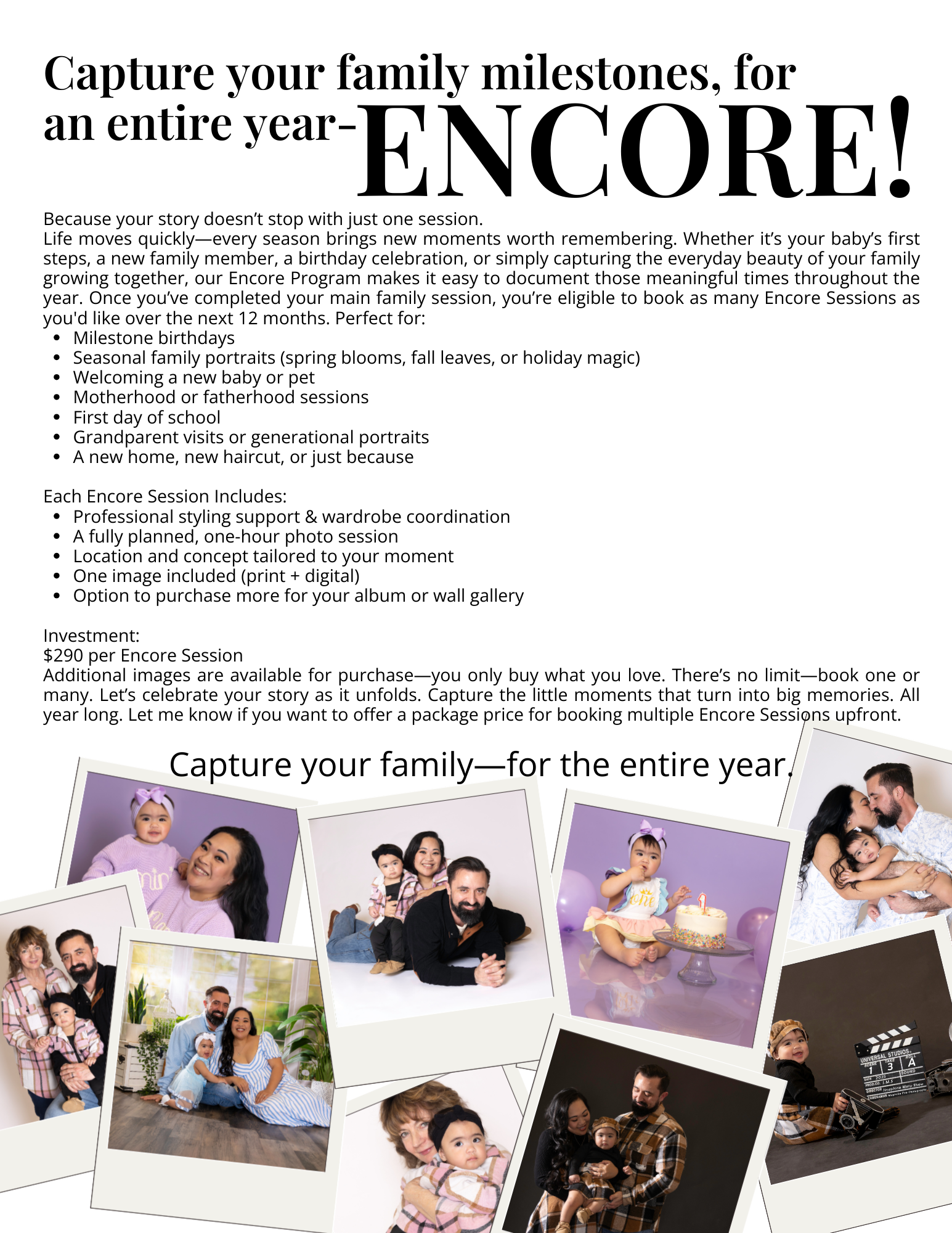 A colorful photography studio advertisement banner with rainbow swirls and text about luxury family photo sessions.