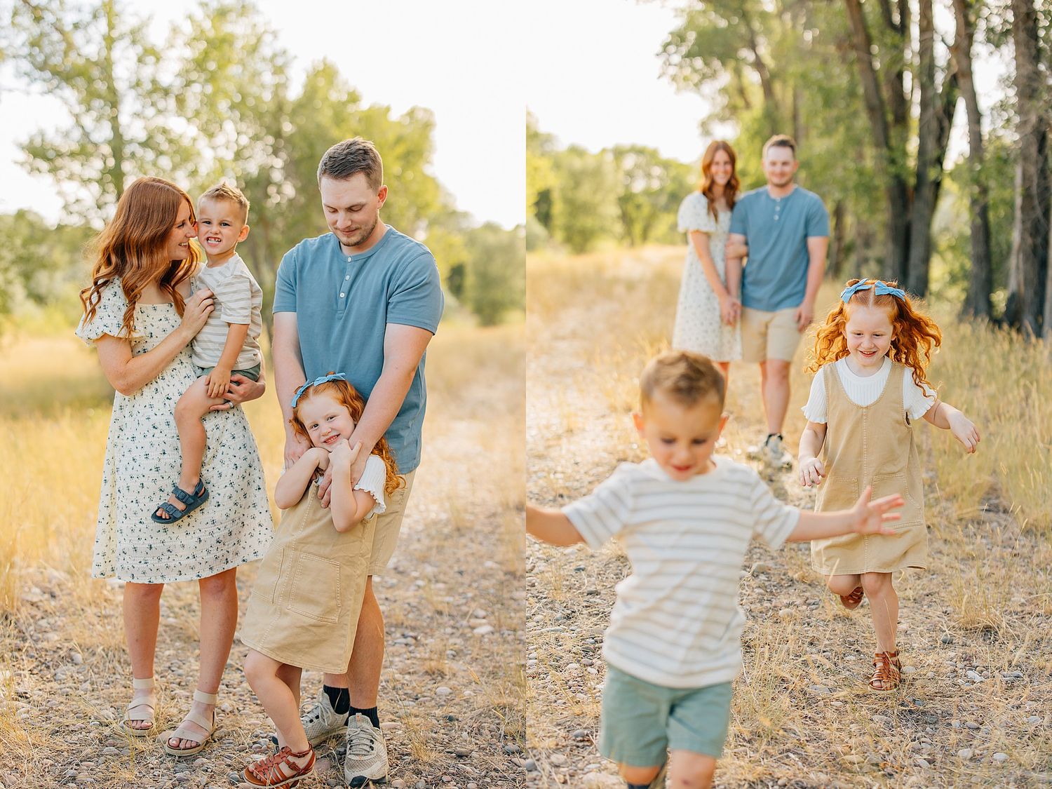 A joyful family plays and walks together on a sunlit forest path during a warm summer evening.