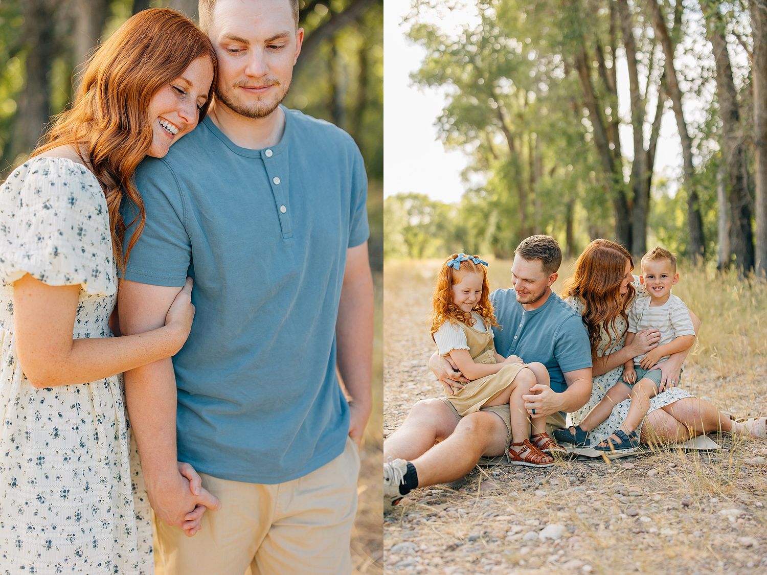 A couple in coordinated blue and white outfits share tender moments during an outdoor photo session in a wooded setting.