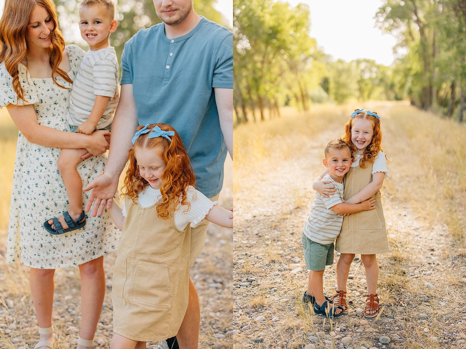 A family in coordinated casual outfits poses together in a sunlit outdoor setting during golden hour.