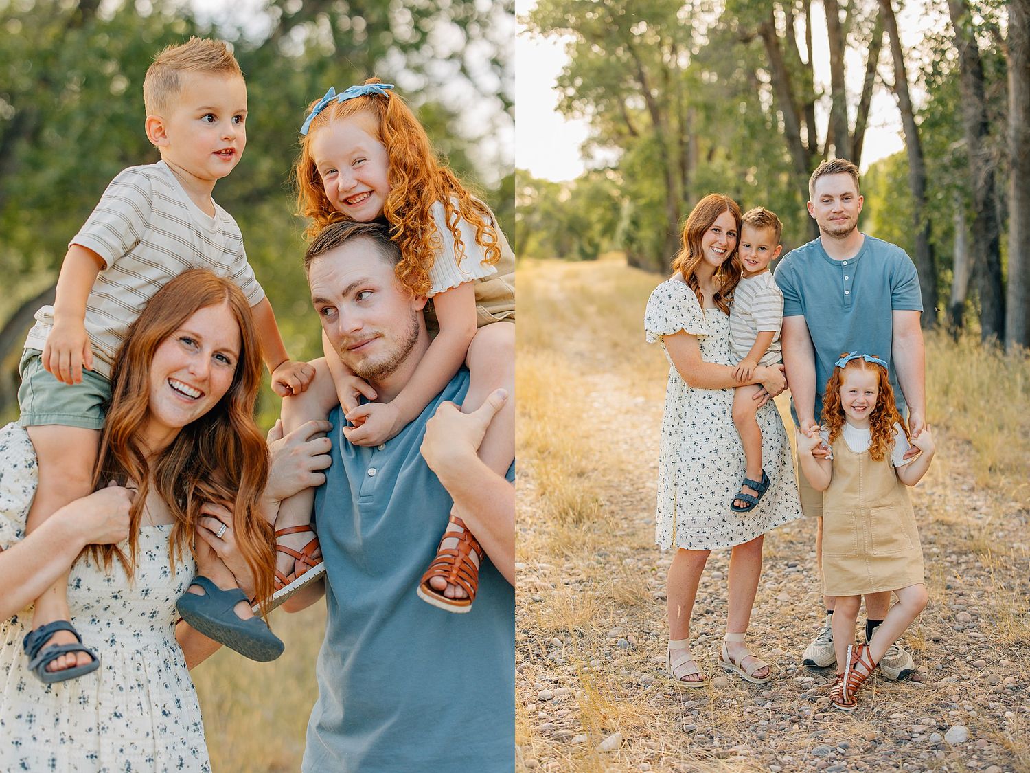 Family enjoying playful moments together in a sun-drenched forest setting wearing coordinated blue and white outfits.