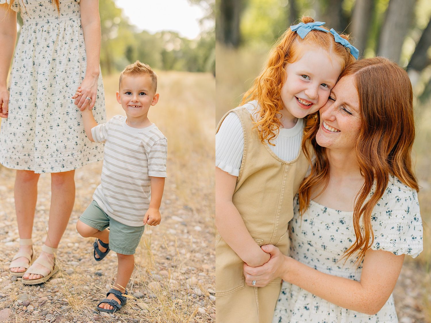 Family enjoying a playful moment together on a sunlit forest path during an outdoor photo session.