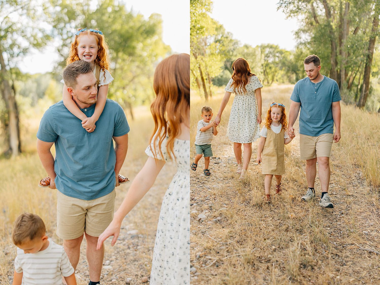 A family walks together on a dirt path through a sun-dappled wooded area on a warm summer day.