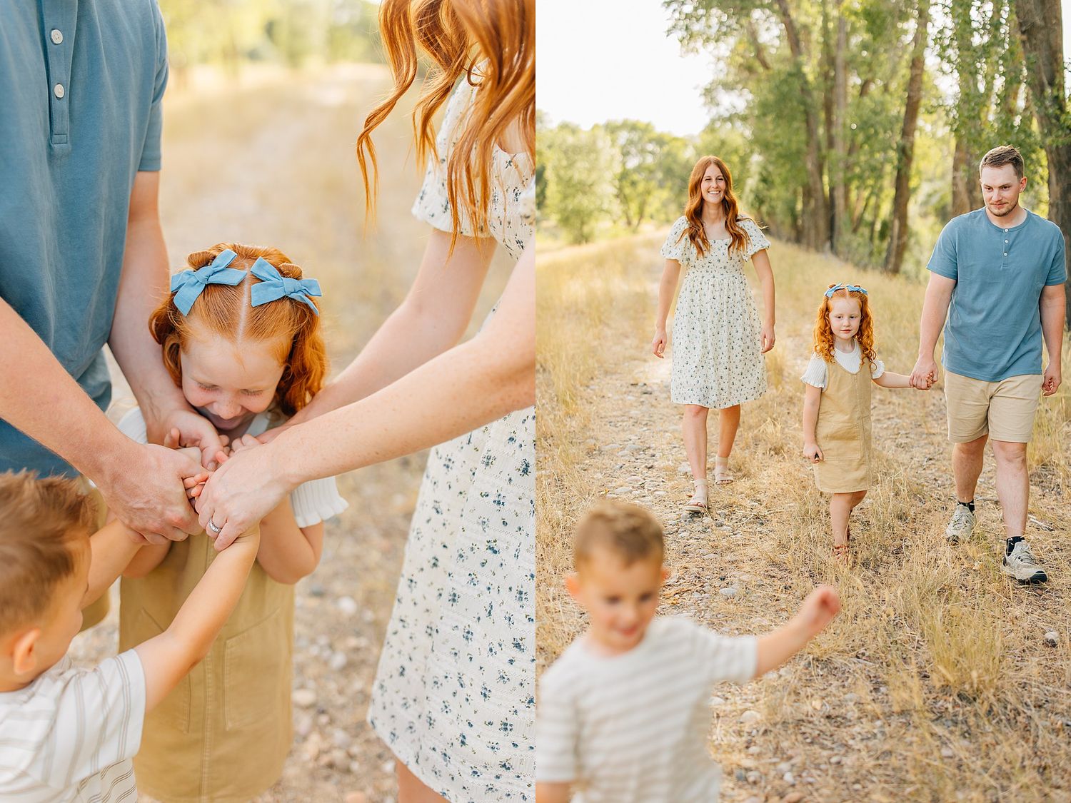 Candid family photos showing joyful interactions and laughter along a tree-lined path at golden hour.