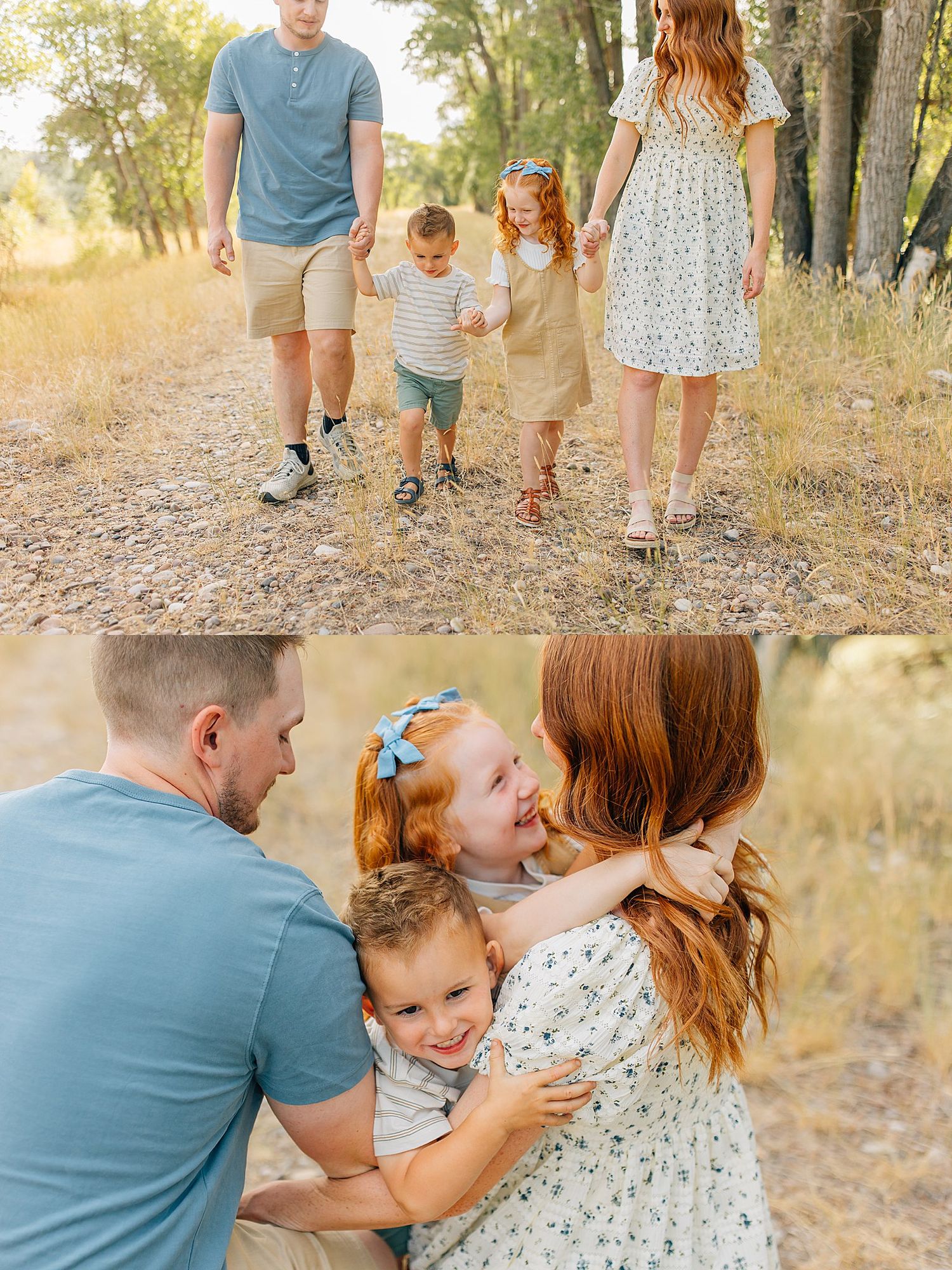 Family enjoying a playful moment together in a sun-drenched forest setting during golden hour.