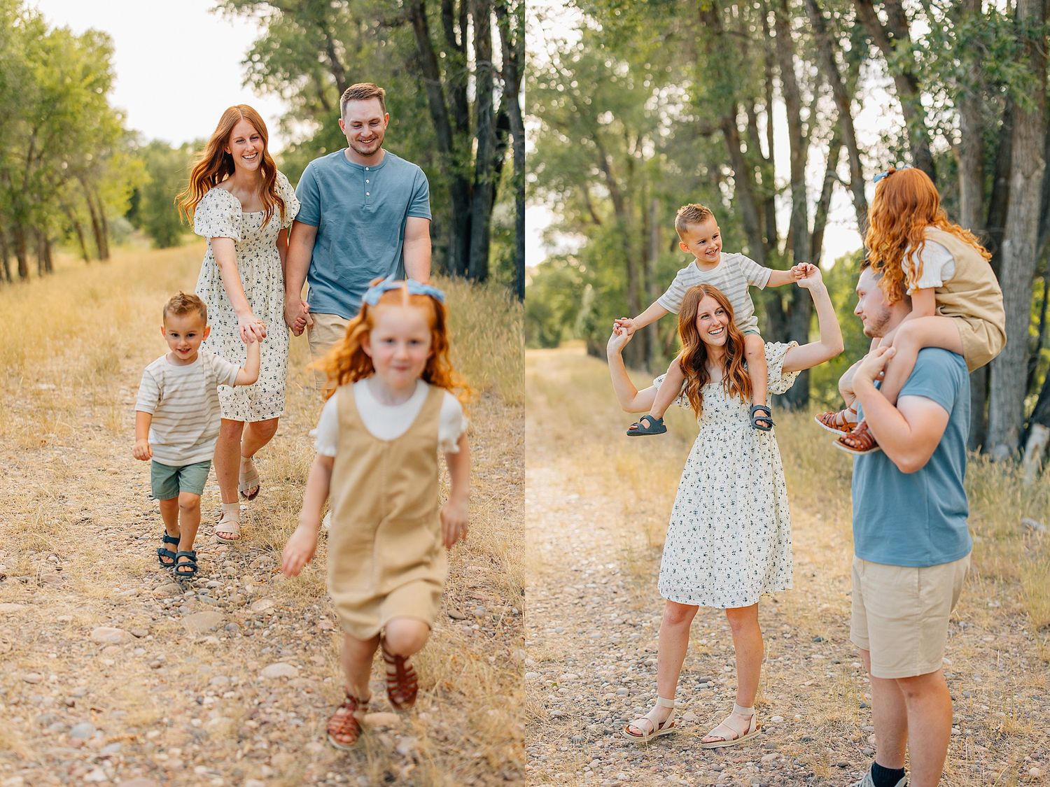 A family enjoying a playful moment together on a tree-lined dirt path during a sunny autumn day.