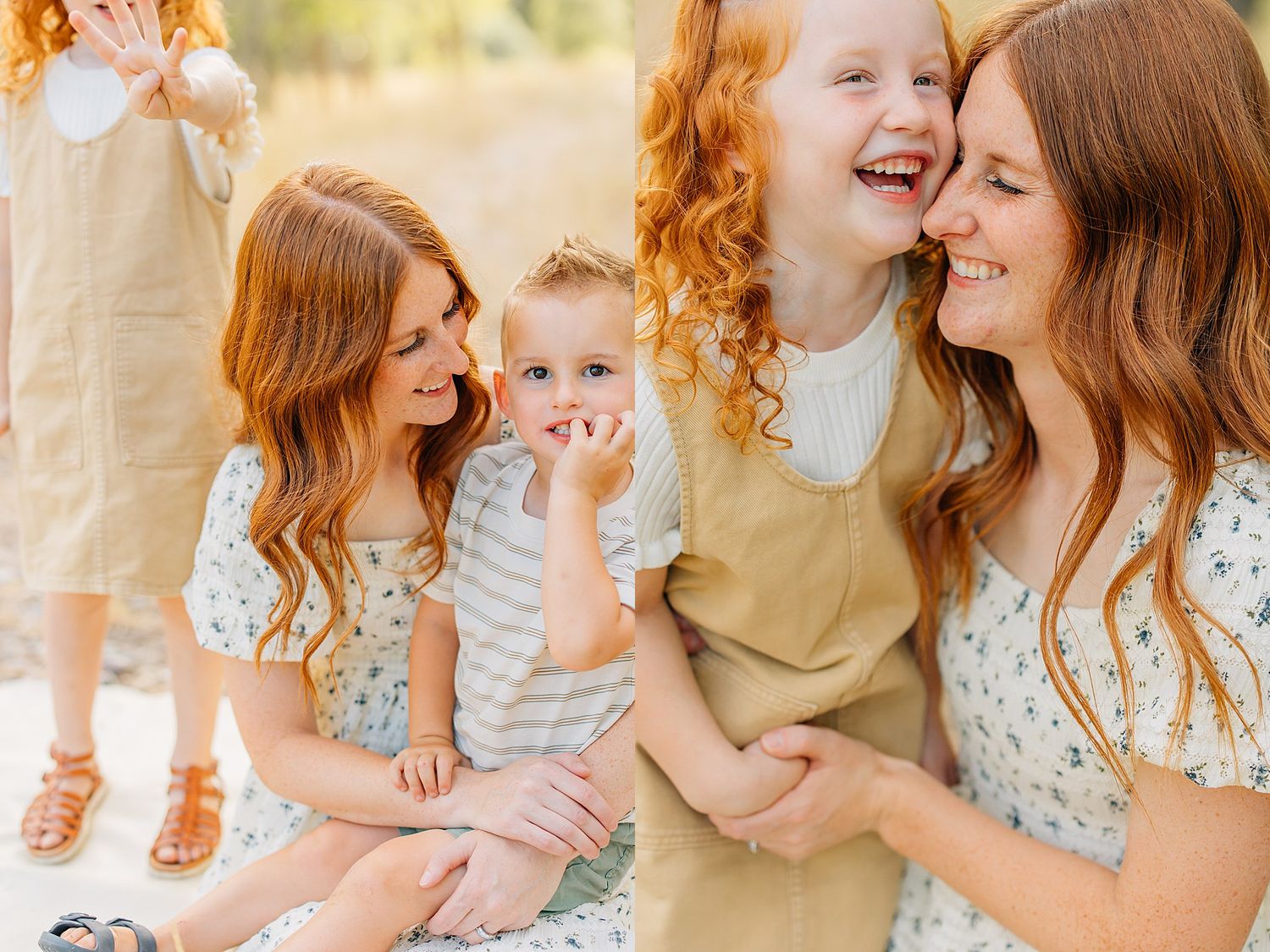 Candid family portraits showing tender moments of affection in a natural outdoor setting.