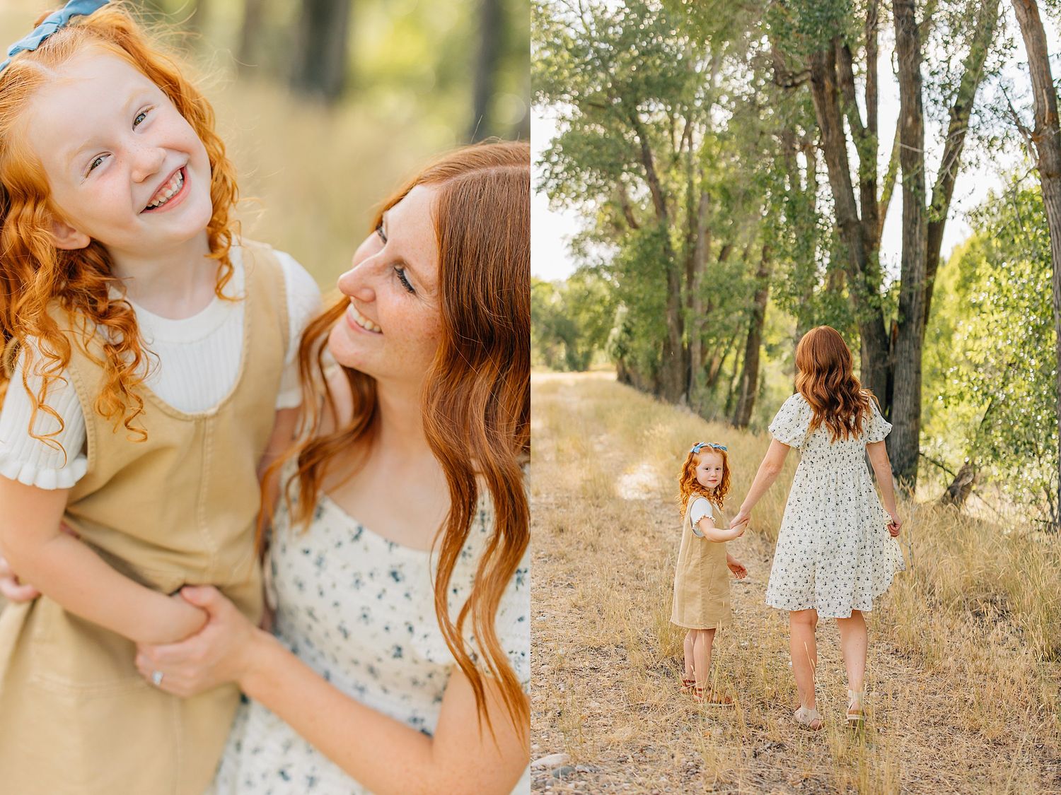 Two heartwarming outdoor photos showing joyful moments between parent and child in a sun-dappled natural setting.