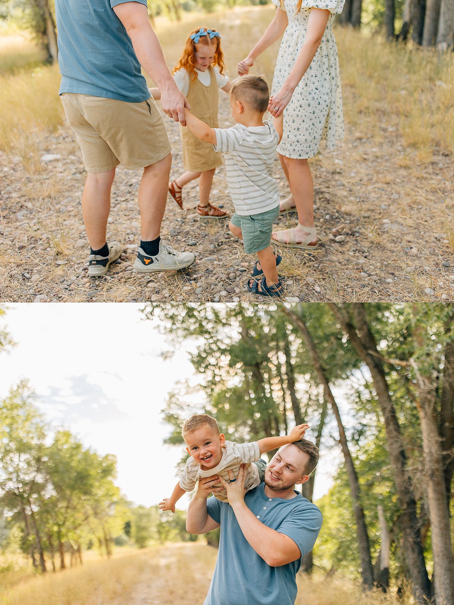 Candid family portraits showing joyful interactions and laughter in a natural woodland setting at golden hour.