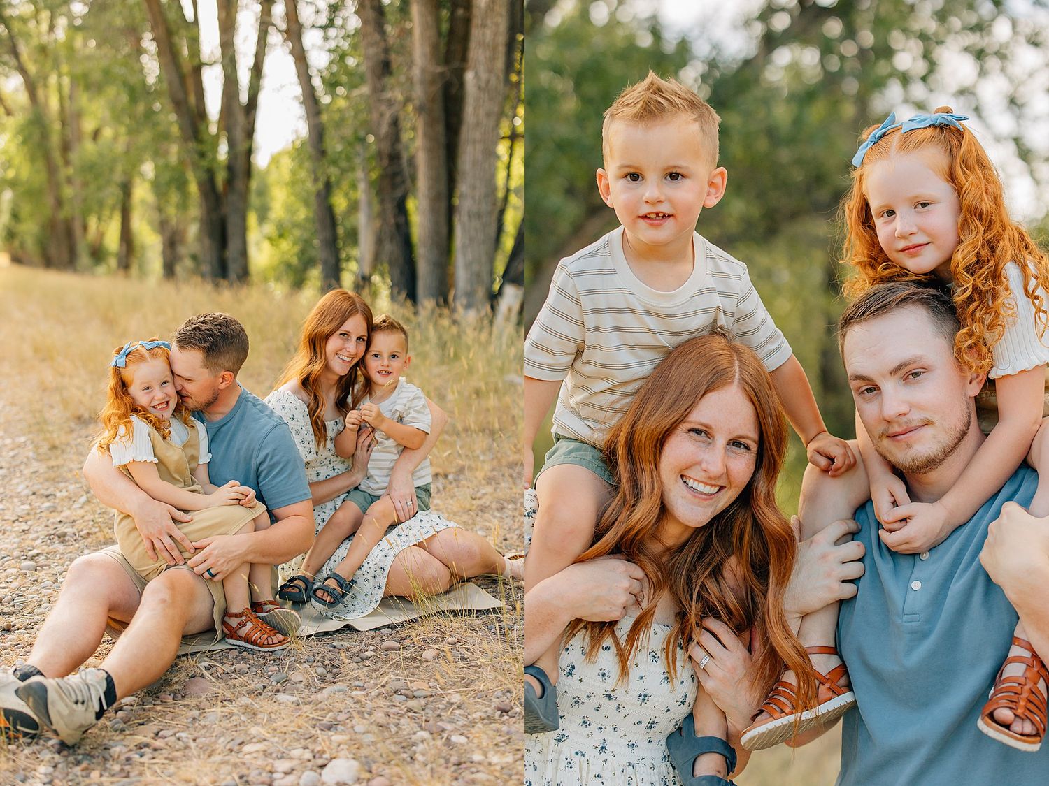 Casual family photo session capturing authentic interactions in a wooded summer landscape.