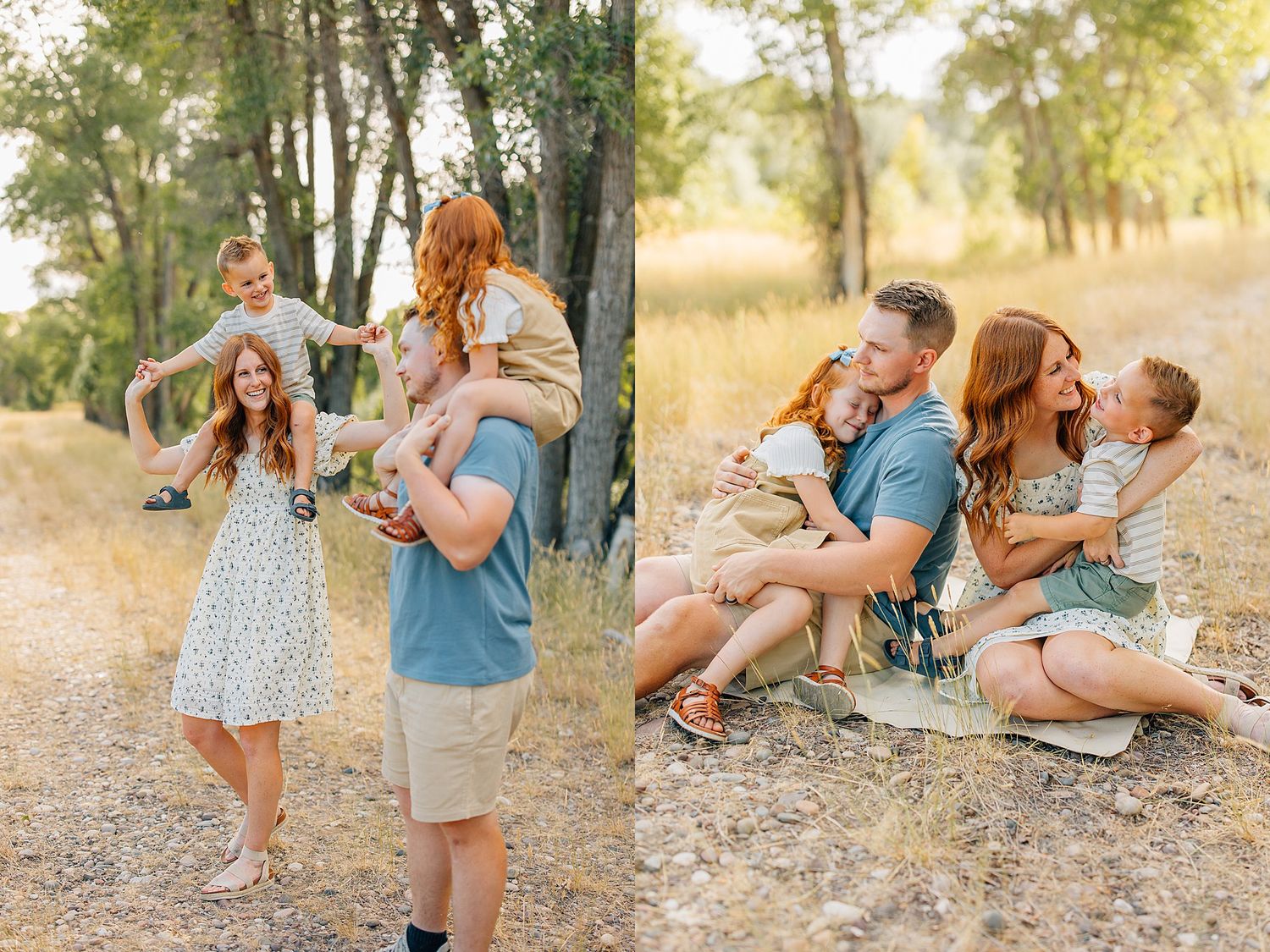 A joyful family plays and laughs together in a sunlit wooded area during a photo session.