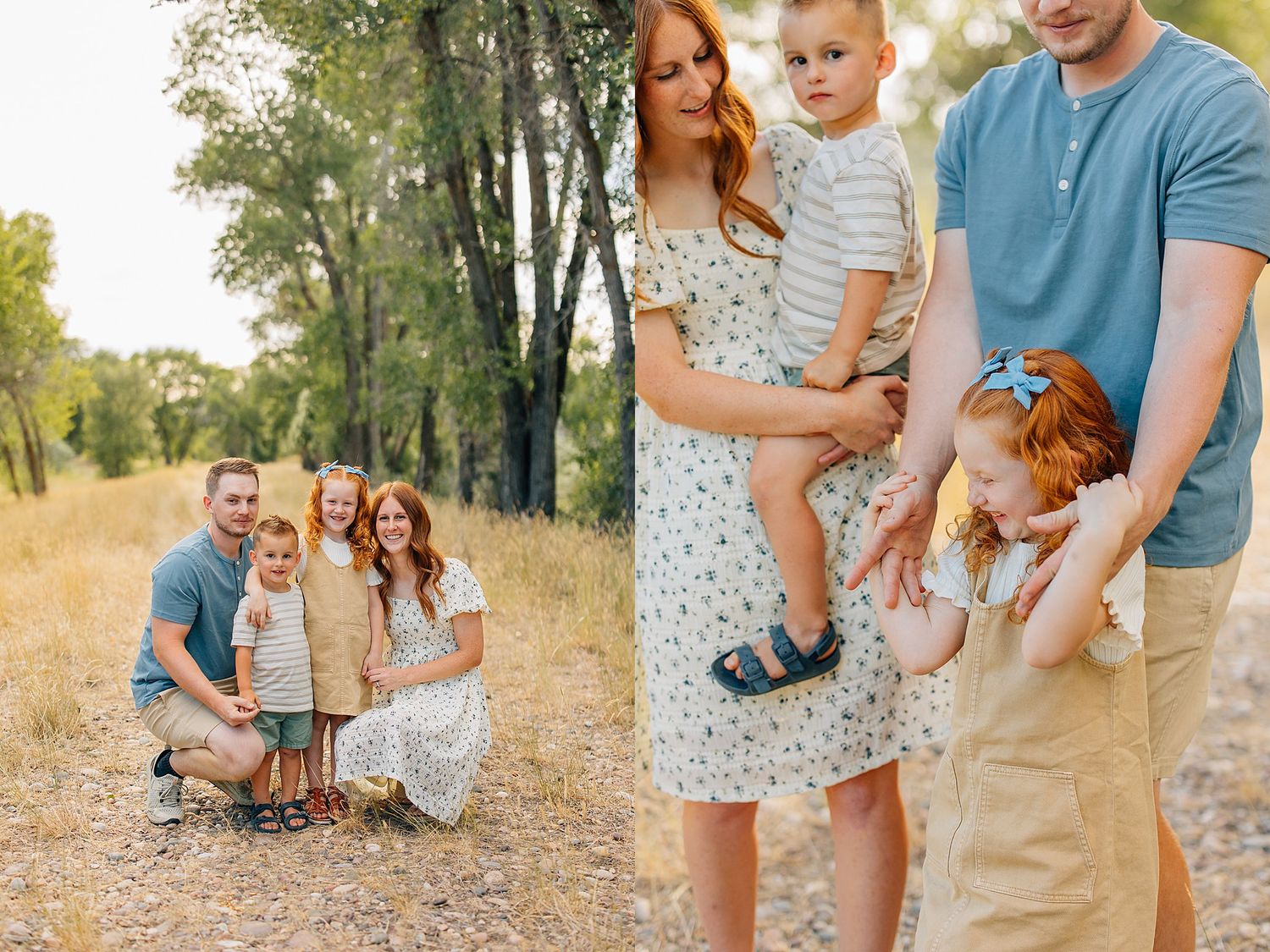 Family wearing coordinated blue and floral outfits poses together in a sunlit wooded area during golden hour.