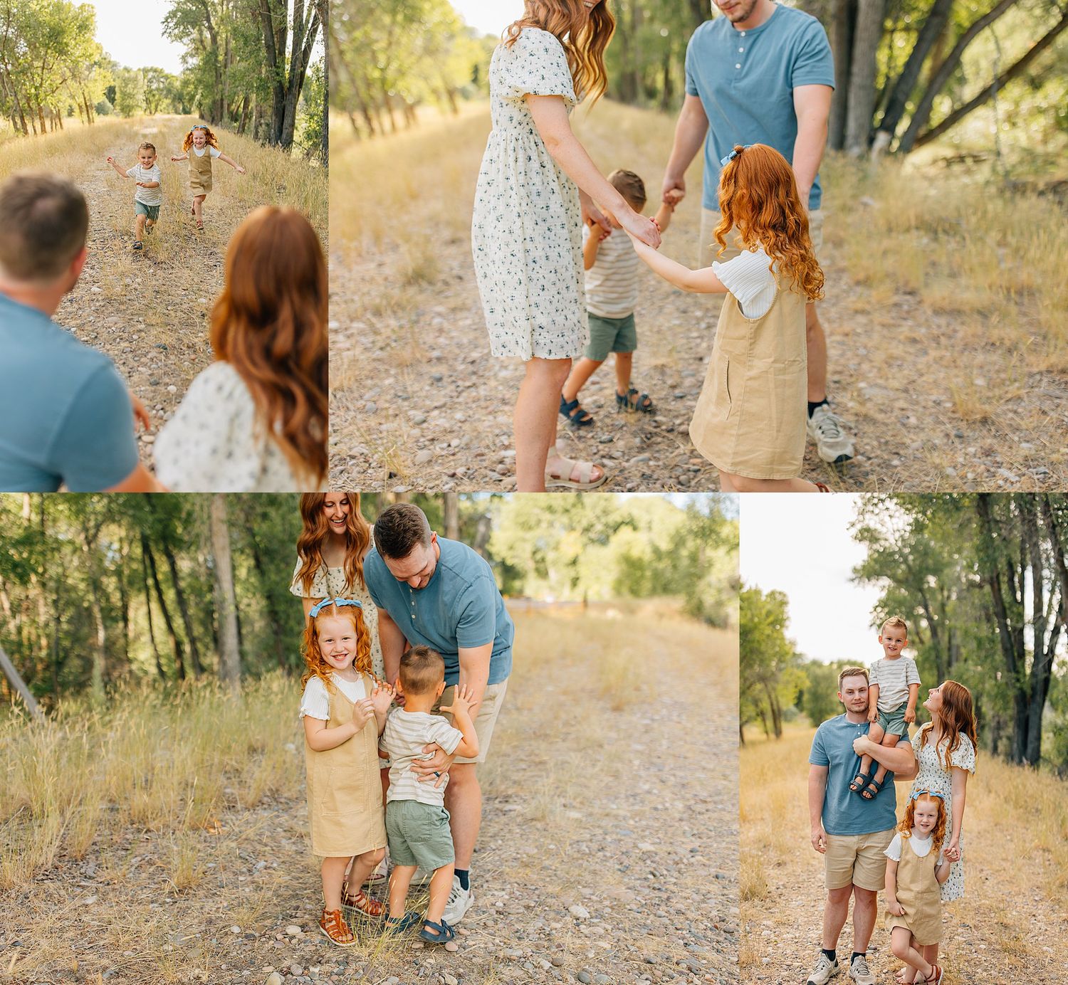A family in coordinating outfits walks together on a dirt path through trees during a sunny outdoor photo session.