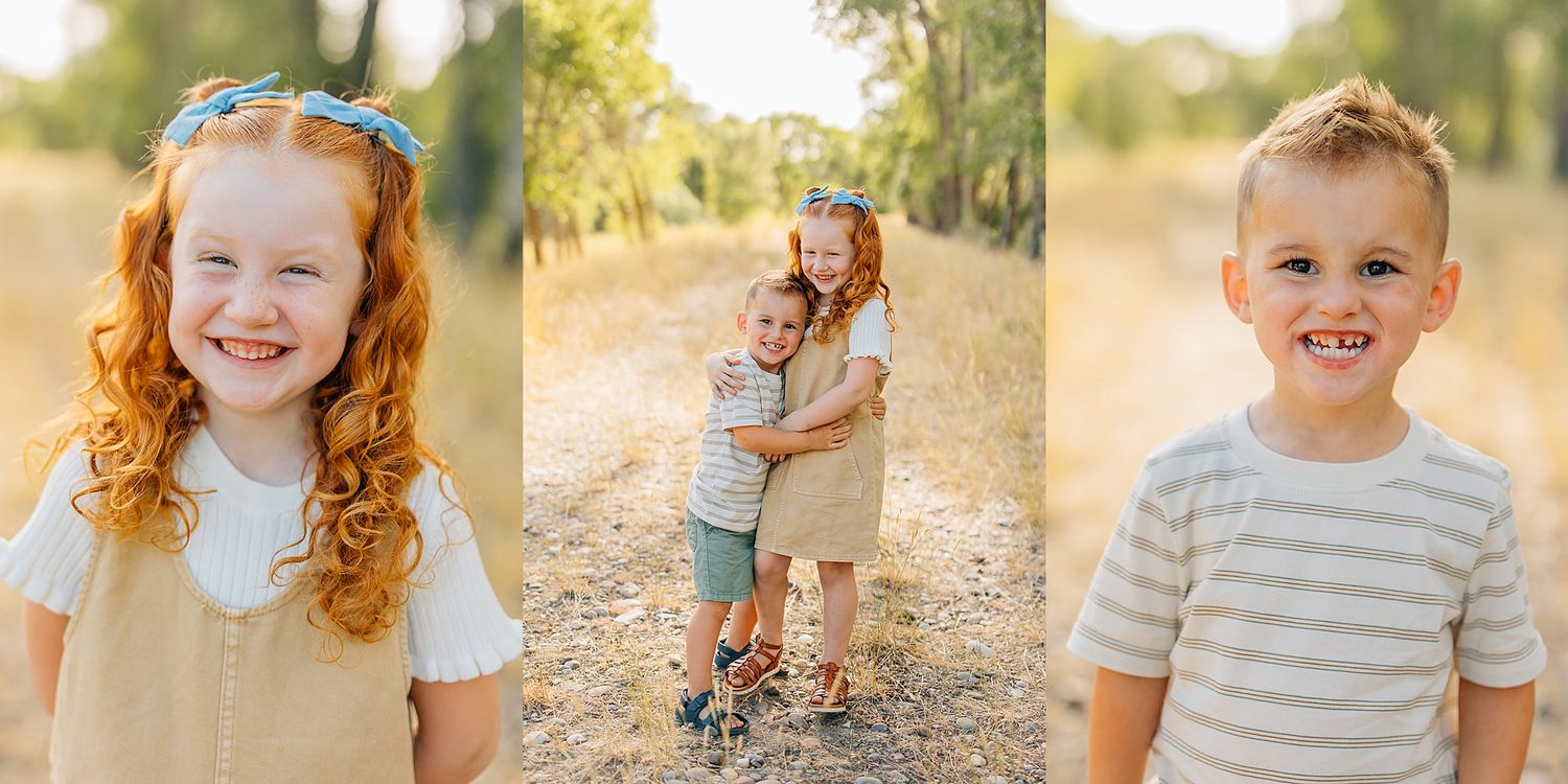 A series of warm-toned outdoor portrait photographs arranged in a horizontal collage showing joyful expressions and poses.