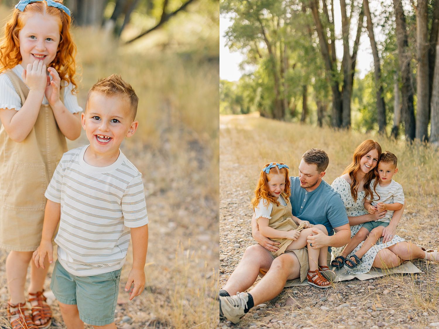 A series of candid outdoor family photos showing joyful moments and laughter in a natural setting during golden hour.