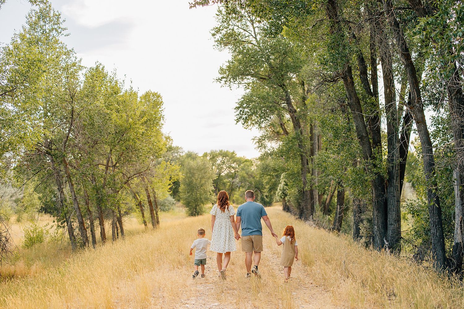 Family walks hand in hand down a tree-lined dirt path on a sunny afternoon.