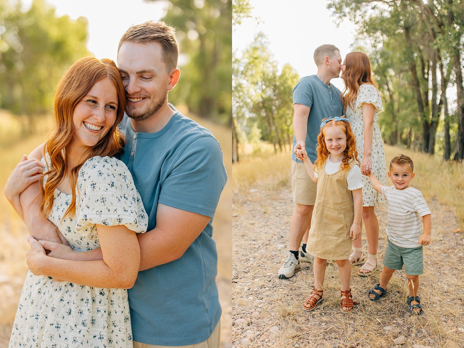 Loving family poses together in matching outfits against a backdrop of trees and golden light.