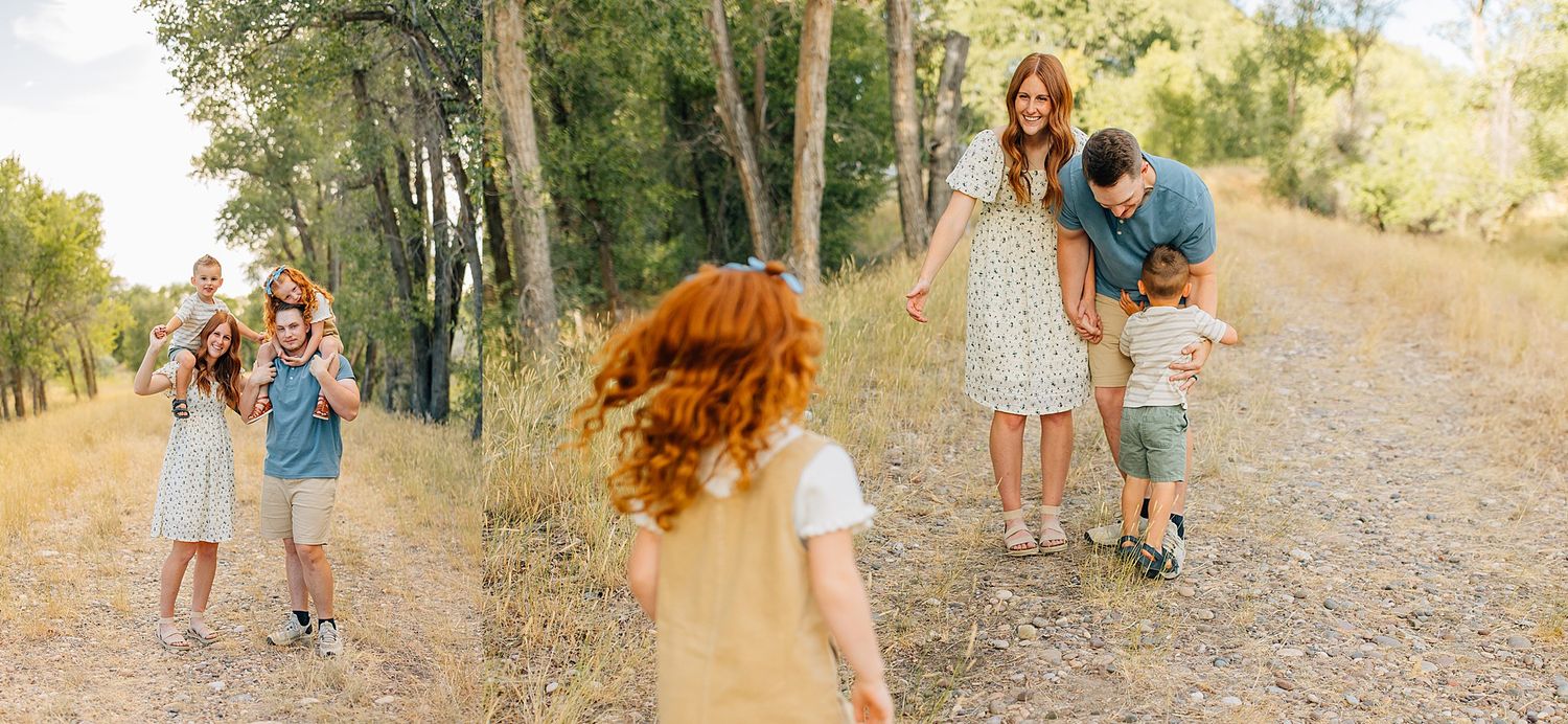 Candid family moments captured in a series of playful outdoor photos among tall trees.