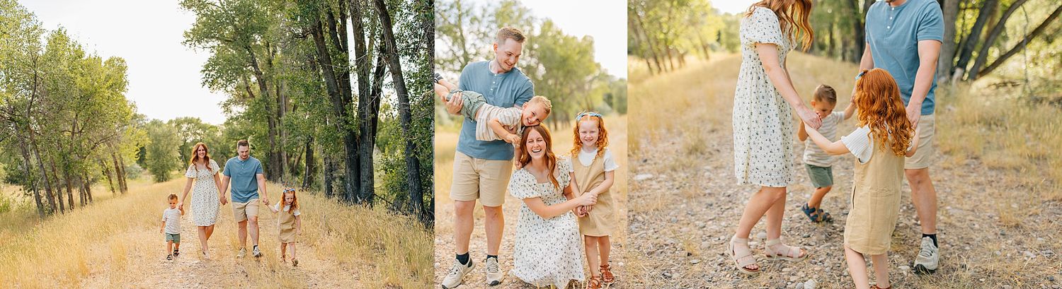 Family members holding hands while walking together on a tree-lined path during golden hour sunset.