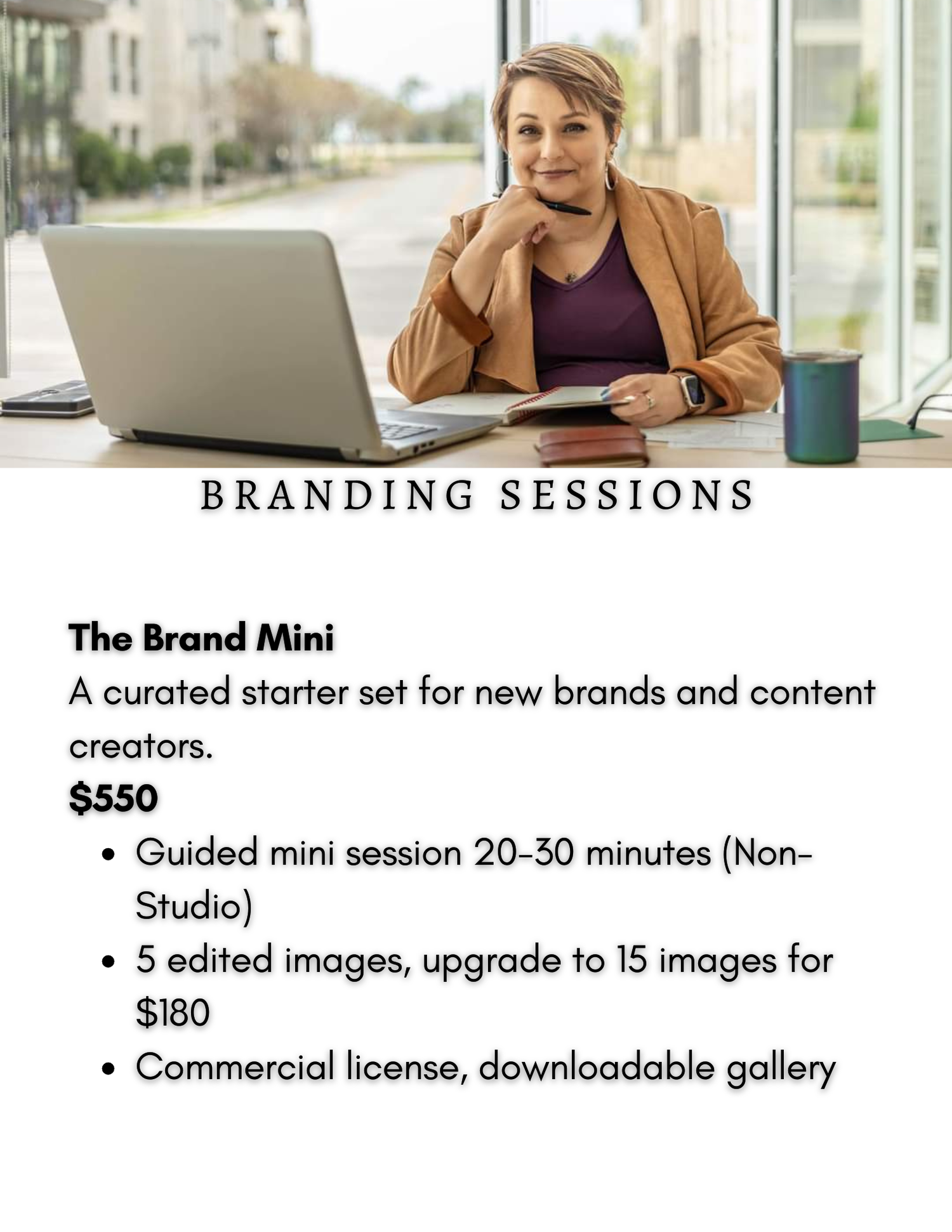 A price sheet featuring a woman sitting in an office setting with a laptop.